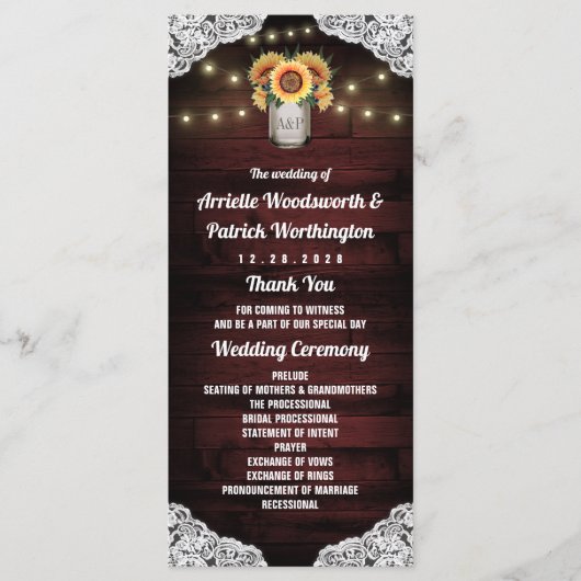 Zonnebloem Metselwerkpot Houten Kantlijn Trouwprog Programmakaart (Voorkant)