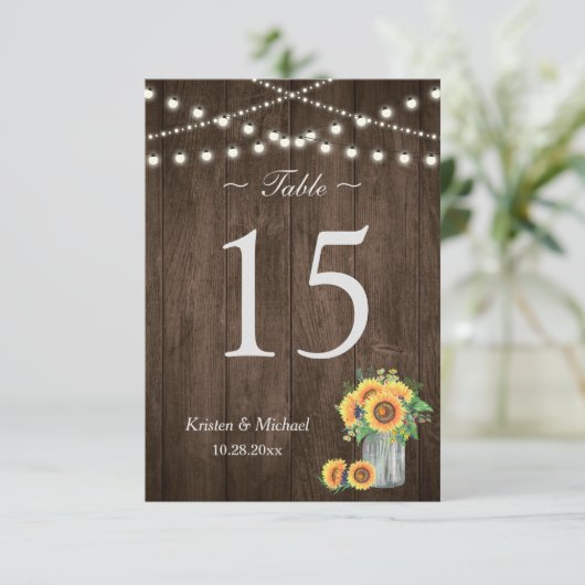 Zonnebloem Metser Pot String Lichtjes Tafel Nummer Kaart (Staand voorkant)