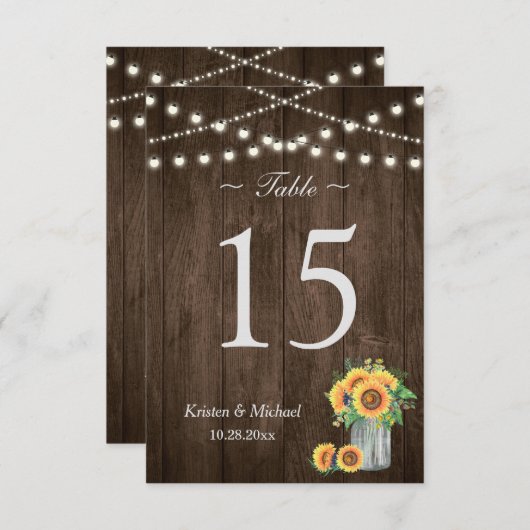 Zonnebloem Metser Pot String Lichtjes Tafel Nummer Kaart (Voorkant / Achterkant)