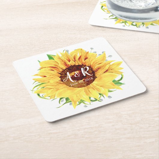 Zonnebloem Monogram Bruiloft Kartonnen Onderzetters (Schuin)