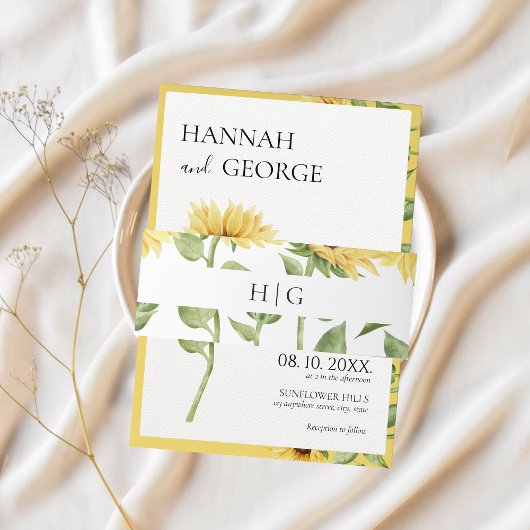 Zonnebloem Monogram Moderne Schuur Bruiloft Uitnodigingen Wikkel