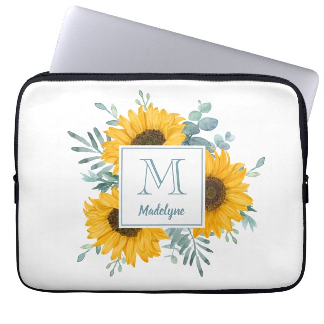 Zonnebloem Monogram Naam Gepersonaliseerd Laptop Sleeve (Voorkant)