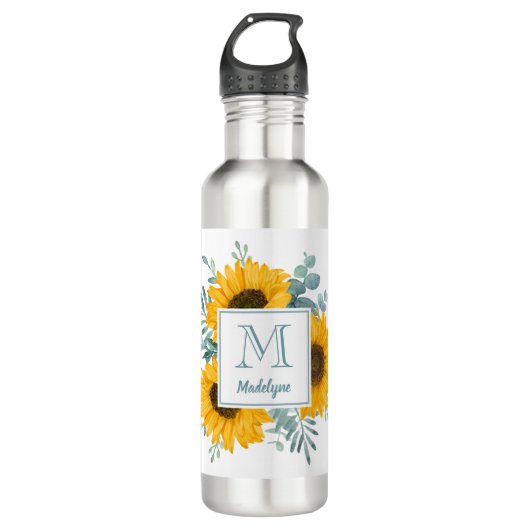 Zonnebloem Monogram Naam Gepersonaliseerd Waterfles (Voorkant)