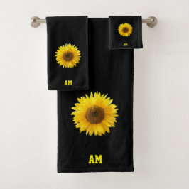 Zonnebloem & Monogram op Zwart Bad Handdoek