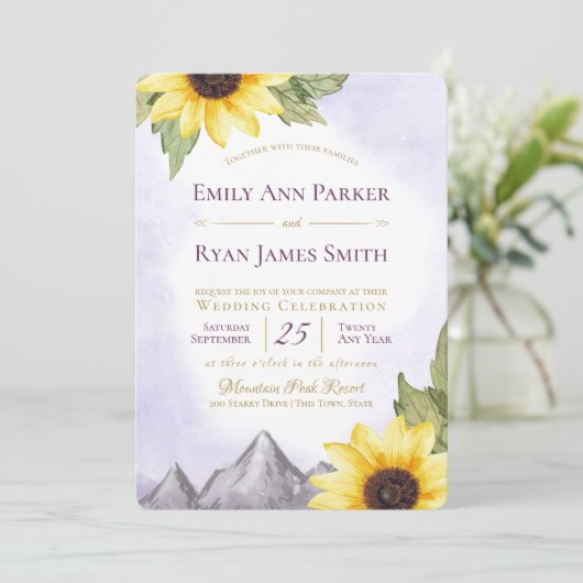 Zonnebloem Mountain Lavendel Paarse bruiloft Kaart (Staand voorkant)