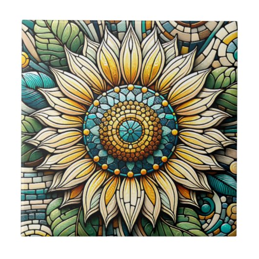 Zonnebloem Mozaïek in Glas in Loodstijl Tegeltje (Voorkant)