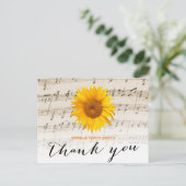  Zonnebloem & Muziek Blad Trouwen Dank u Briefkaart (Staand voorkant)