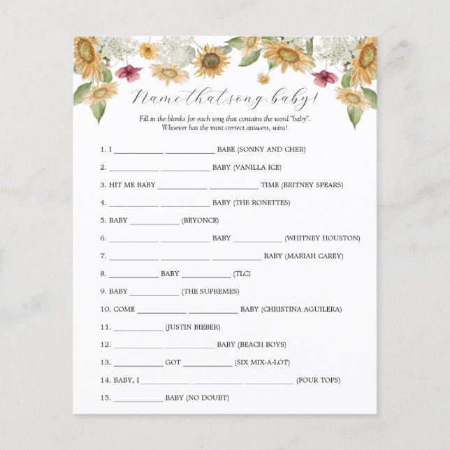 Zonnebloem Naam dat Song Baby shower spel (Voorkant)