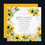 Zonnebloem Naherfst Herfst 80th Birthday Kaart<br><div class="desc">Mooie waterverf zonnebloemen en pompoenen creëer een feestelijke grens voor deze uitnodiging voor een 80e verjaardag. Een modern, rond goud lijst met gouden confetti laat je partijgegevens zien. De achterkant van de uitnodiging is diep goudgeel met een zonnebloem en pompoenontwerp. Het bevat een ovaal met de naam van de verjaardag...</div>