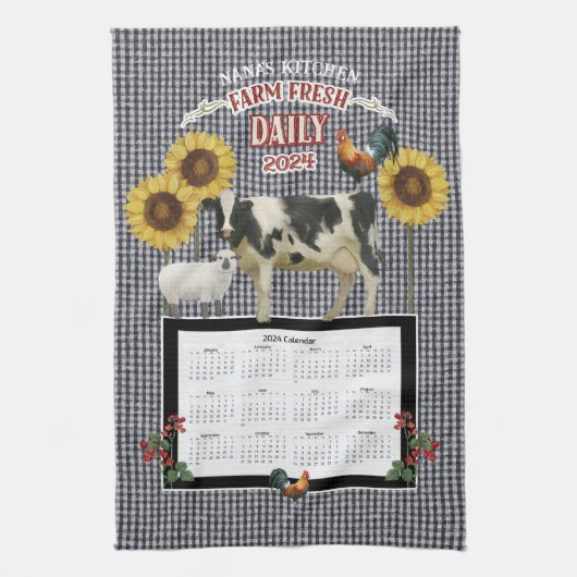 Zonnebloem Nana Rooster Koe Boerderij Fresh Zwart  Theedoek (Verticaal)