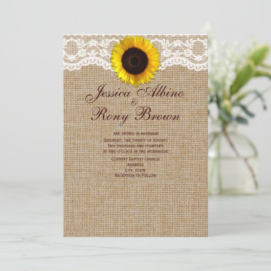 Zonnebloem natuurlijke Burlap Lace bruiloft uitnod Kaart (Staand voorkant)