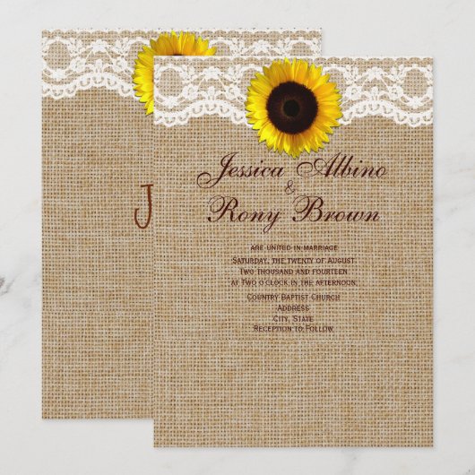 Zonnebloem natuurlijke Burlap Lace bruiloft uitnod Kaart (Voorkant / Achterkant)
