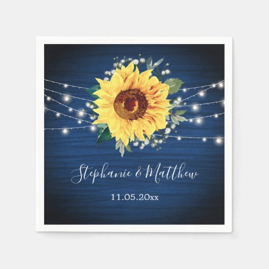 Zonnebloem Navy Baby's Breath Lichten Bruiloft Servet (Voorkant)