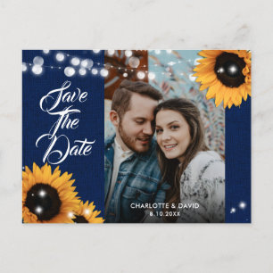 Zonnebloem Navy Blauw Huwelijk Foto Save The Date Aankondigingskaart