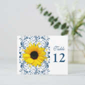 Zonnebloem Navy Blauw Wit Bloemen Tafel Nummer Kaa Briefkaart (Staand voorkant)