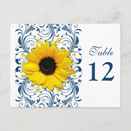Zonnebloem Navy Blauw Wit Bloemen Tafel Nummer Kaa Briefkaart (Voorkant)