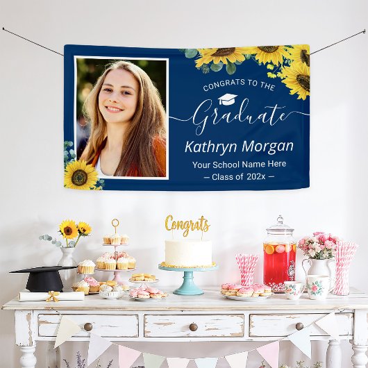 Zonnebloem Navy Blauwe Afstudeerfeest Fotobanner Spandoek