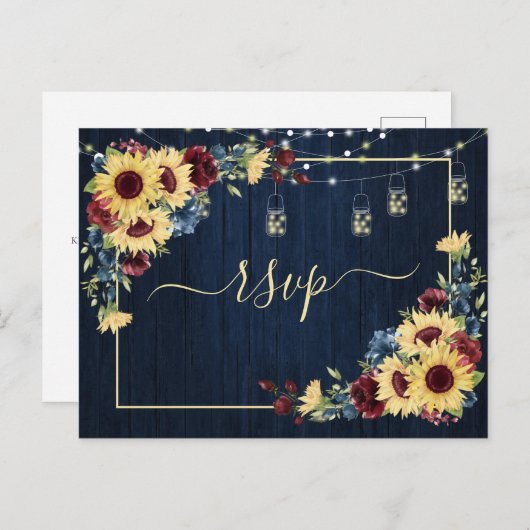 Zonnebloem Navy Blauwe Bourgondiërode Houten Bloem Uitnodiging Briefkaart (Voorkant / Achterkant)