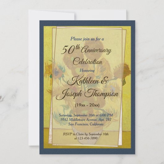 Zonnebloem Navy Blauwe Foto 50ste Huwelijksverjaar Kaart (Voorkant)
