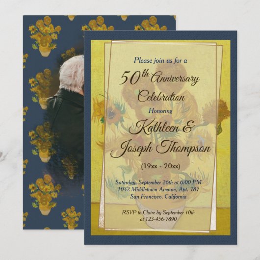 Zonnebloem Navy Blauwe Foto 50ste Huwelijksverjaar Kaart (Voorkant / Achterkant)