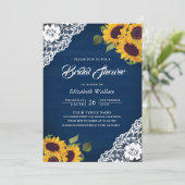 Zonnebloem Navy Blauwe Foto QR Code Bruidsfeest Kaart (Staand voorkant)