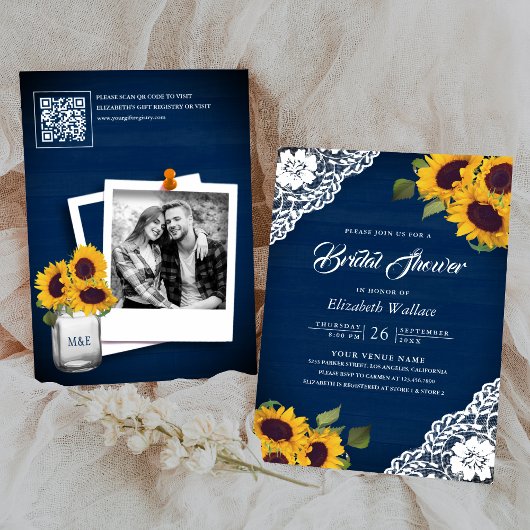 Zonnebloem Navy Blauwe Foto QR Code Bruidsfeest Kaart
