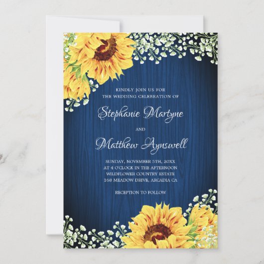 Zonnebloem Navy Blue Babys Breath Wedding Kaart (Voorkant)