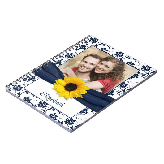 Zonnebloem Navy Blue Damask Gepersonaliseerd Notit Notitieboek (Linkerzijde)