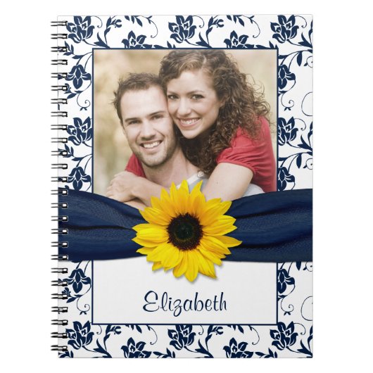 Zonnebloem Navy Blue Damask Gepersonaliseerd Notit Notitieboek (Voorkant)