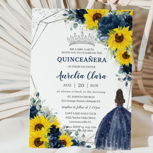 Zonnebloem Navy Blue Floral Princess Quinceañera Kaart