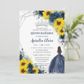 Zonnebloem Navy Blue Floral Princess Quinceañera Kaart (Staand voorkant)