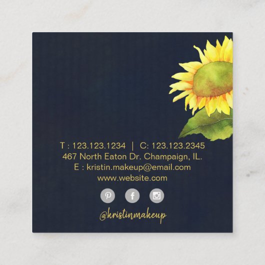 Zonnebloem Navy Blue Makeup Artist Vierkante Visitekaartje (Achterkant)