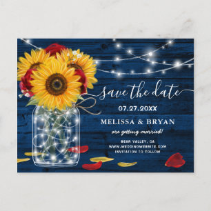 Zonnebloem Navy Blue Red Rose Rustic Save the Date Aankondigingskaart