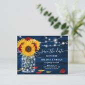 Zonnebloem Navy Blue Red Rose Rustic Save the Date Aankondigingskaart (Staand voorkant)