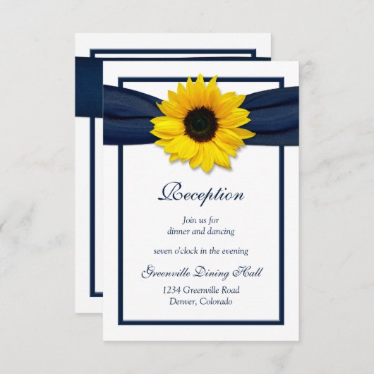 Zonnebloem Navy Blue Ribbon bruiloft receptie Kaar Informatiekaartje (Voorkant / Achterkant)