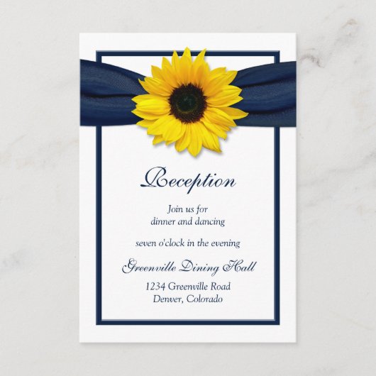 Zonnebloem Navy Blue Ribbon bruiloft receptie Kaar Informatiekaartje (Voorkant)