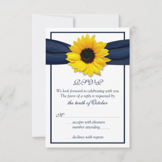Zonnebloem Navy Blue Ribbon Wedding RSVP Kaart (Voorkant)