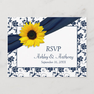 Zonnebloem Navy Damask Bruiloft RSVP Briefkaart