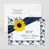 Zonnebloem Navy Damask Bruiloft RSVP Briefkaart (Voorkant / Achterkant)