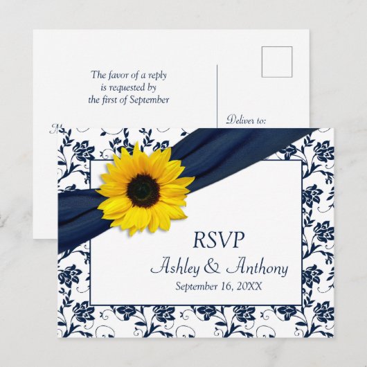 Zonnebloem Navy Damask Bruiloft RSVP Briefkaart (Voorkant / Achterkant)
