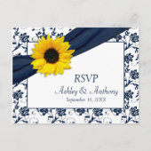 Zonnebloem Navy Damask Bruiloft RSVP Briefkaart (Voorkant)