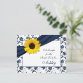 Zonnebloem Navy Damask Recept Kaart voor de bruid (Staand voorkant)