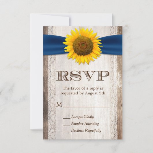 Zonnebloem Navy Ribbon Lace Rustic Barn Wood RSVP (Voorkant)