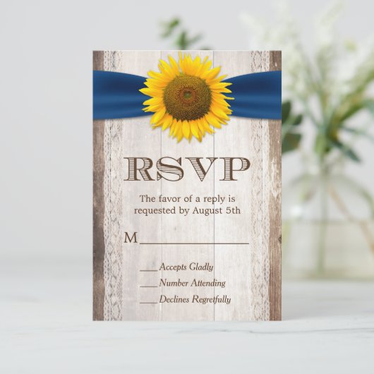Zonnebloem Navy Ribbon Lace Rustic Barn Wood RSVP (Staand voorkant)