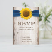 Zonnebloem Navy Ribbon Lace Rustic Barn Wood RSVP Kaartje (Staand voorkant)