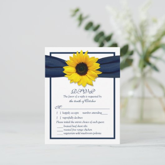 Zonnebloem Navy Ribbon Wedding Meal Choice RSVP (Staand voorkant)
