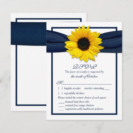 Zonnebloem Navy Ribbon Wedding Meal Choice RSVP (Voorkant / Achterkant)
