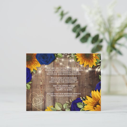 Zonnebloem & Navy Rozen Rustieke Trouwdetails Kaar Kaart (Staand voorkant)