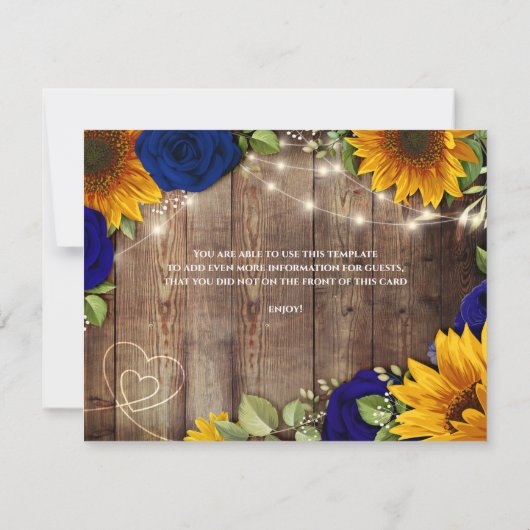Zonnebloem & Navy Rozen Rustieke Trouwdetails Kaar Kaart (Achterkant)