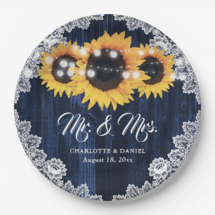 Zonnebloem Navyblauw Hout Bloem Sluiers Bruiloft Papieren Bordje